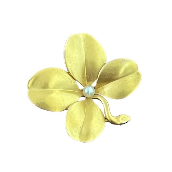 Antique 14K Gold Lucky Four Leaf Clover Brooch Pearl Latin Non Scholae Sed Vitae - Picture 7 of 16